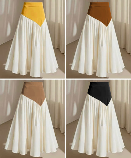 Color-block triangular high-waist maxi skirt with flared pleated hem