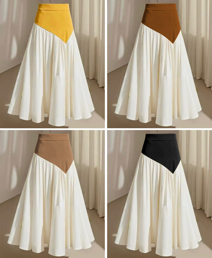 Color-block triangular high-waist maxi skirt with flared pleated hem