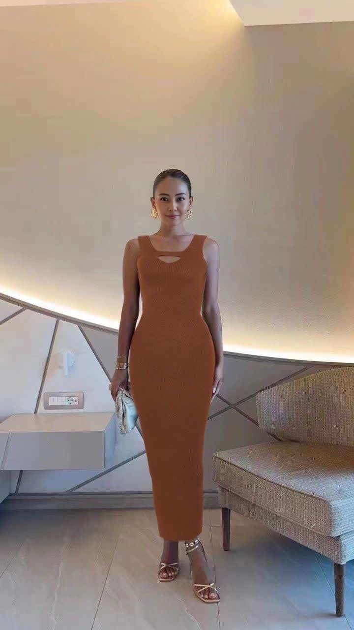 Brown ribbed knit midi dress, sleeveless with scoop neckline and fitted body
