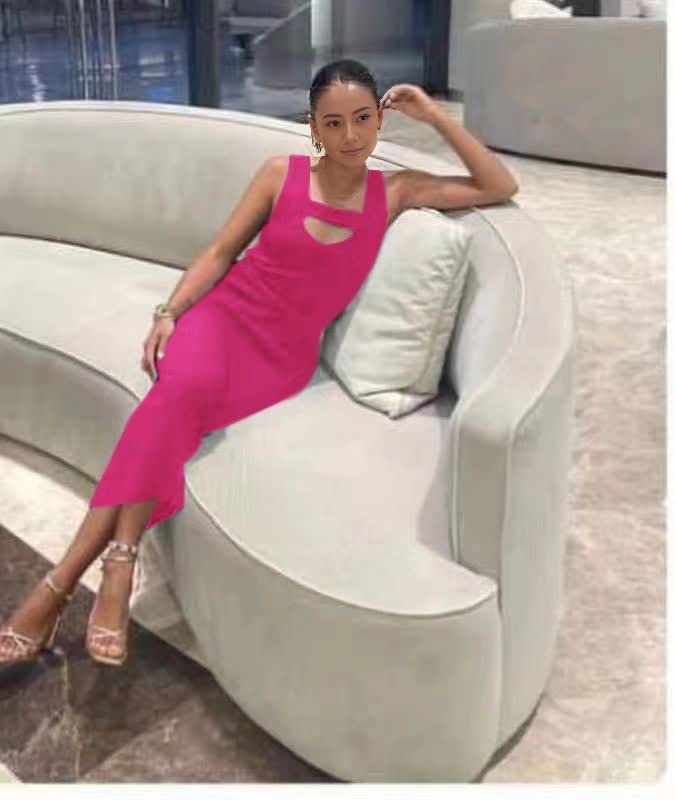 Deep-pink ribbed knit midi dress, sleeveless with keyhole neckline and fitted skirt
