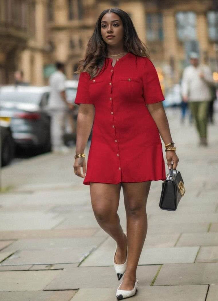 Red knitted mini dress with button front and patch pockets