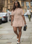 Nude knitted mini dress with button front and patch pockets