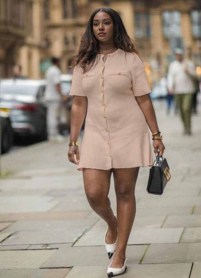 Nude knitted mini dress with button front and patch pockets