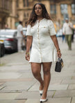 Short-Sleeve Knitted Button Dress with Chest Pockets