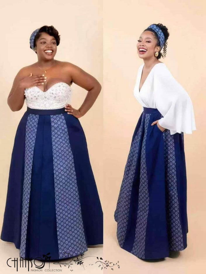 Maxi A-line geometric print skirt in dark blue with full flare hem