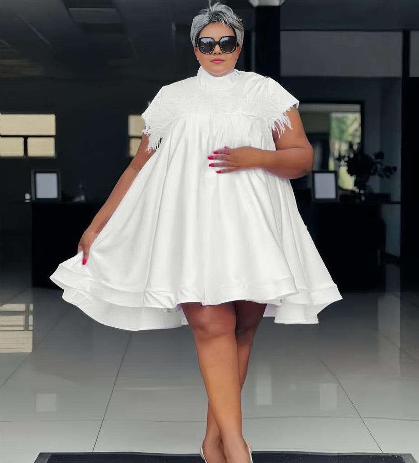 A-line loose fit dress with fringe cap sleeves, white