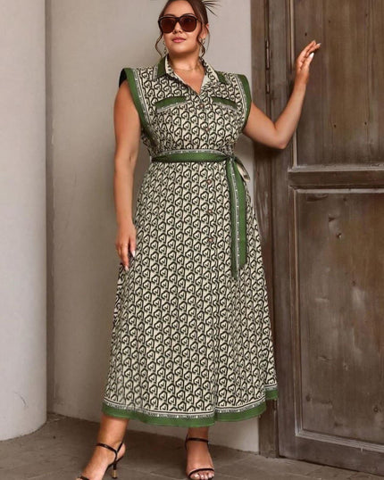 Belted midi shirt dress with pattern print, sleeveless collar, green and cream