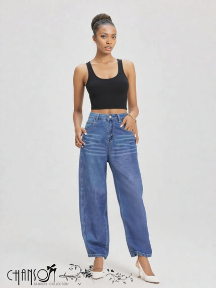 High-waist barrel-leg jeans in blue denim, button fly, relaxed wide legs