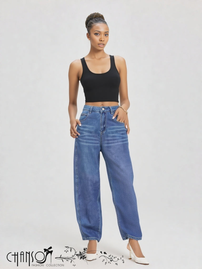 High-waist barrel-leg jeans in blue wash, wide leg with front seams