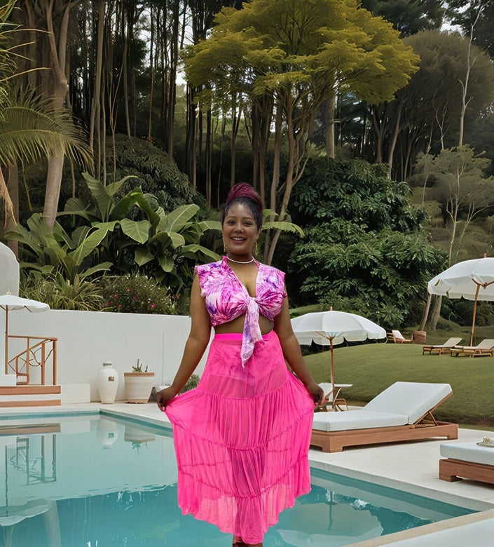 Pink printed layered bikini set with tie-front top and tiered ruffle skirt