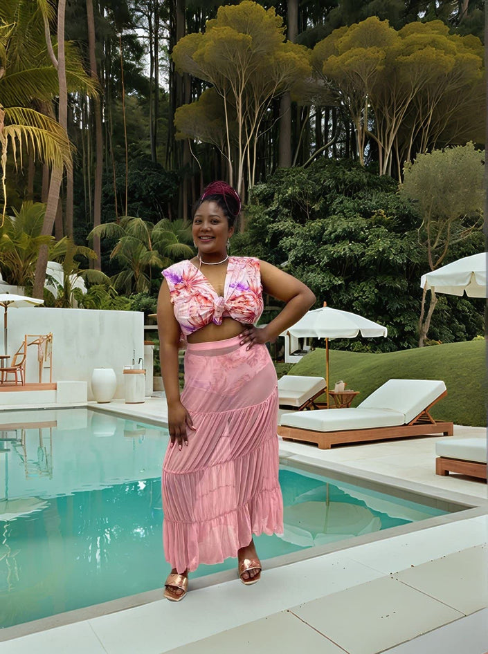 Pink printed bikini set with bow-front tie and tiered pink cover-up dress