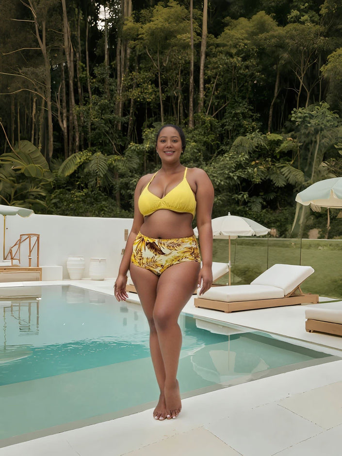 Yellow triangle bikini set with matching printed high-waist bottoms