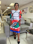 Midi shift dress with bold geometric print, 3/4 sleeves, round neckline, loose fit