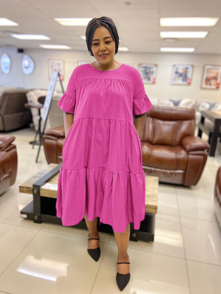 Hot-pink ruffle midi dress with tiered skirt, loose fit and short sleeves