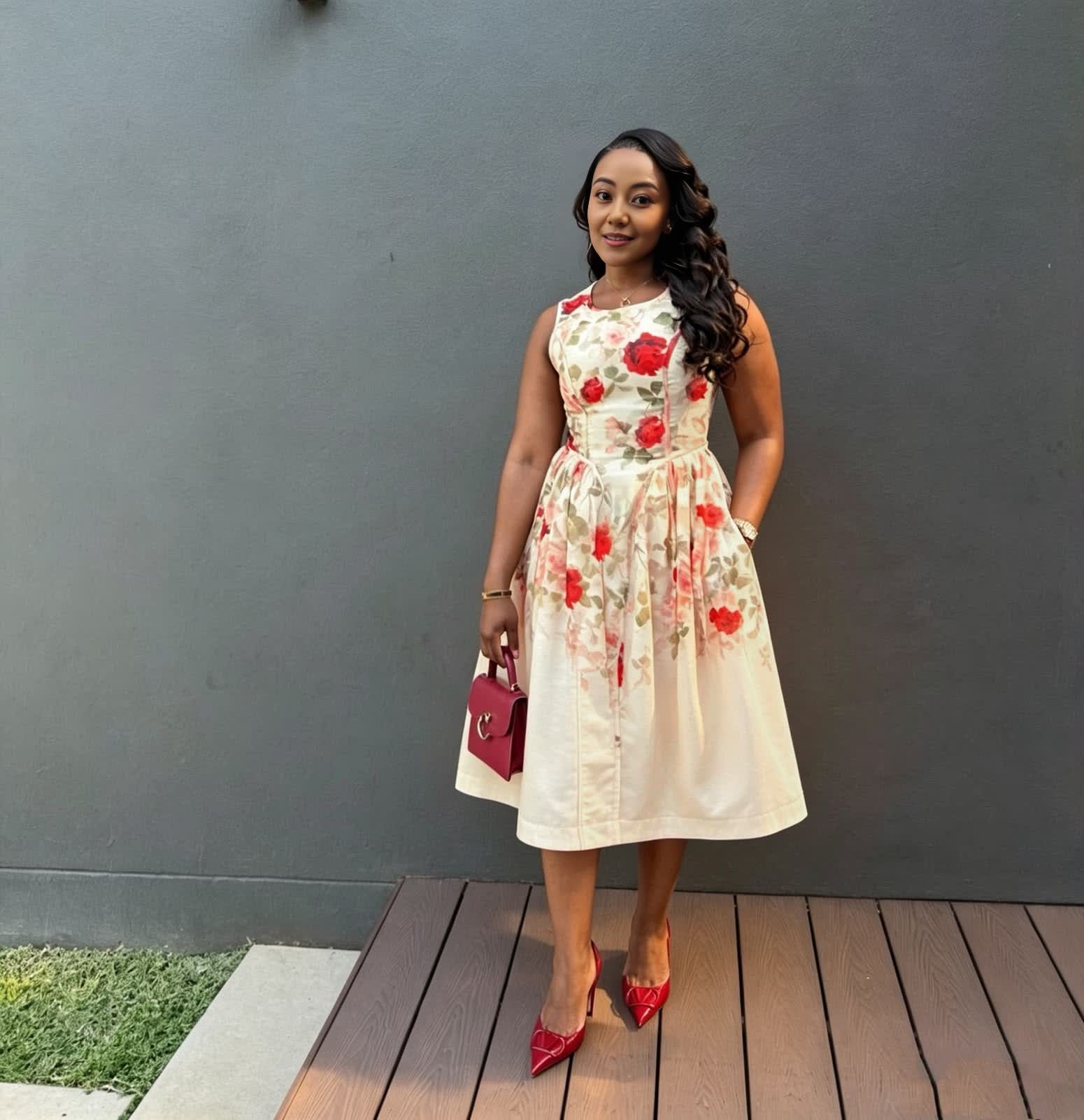 Sleeveless ivory floral midi dress with a fitted waist, flared skirt, and side pockets