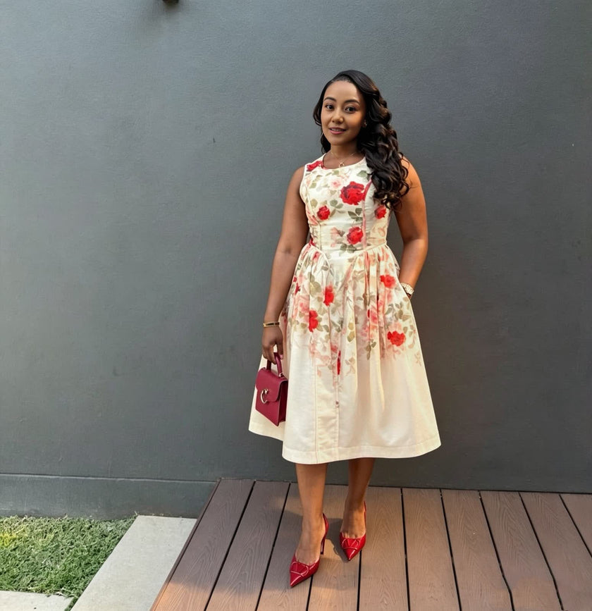 Sleeveless ivory floral midi dress with a fitted waist, flared skirt, and side pockets