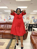 Red ruffle midi dress with tiered skirt, loose fit and short puff sleeves