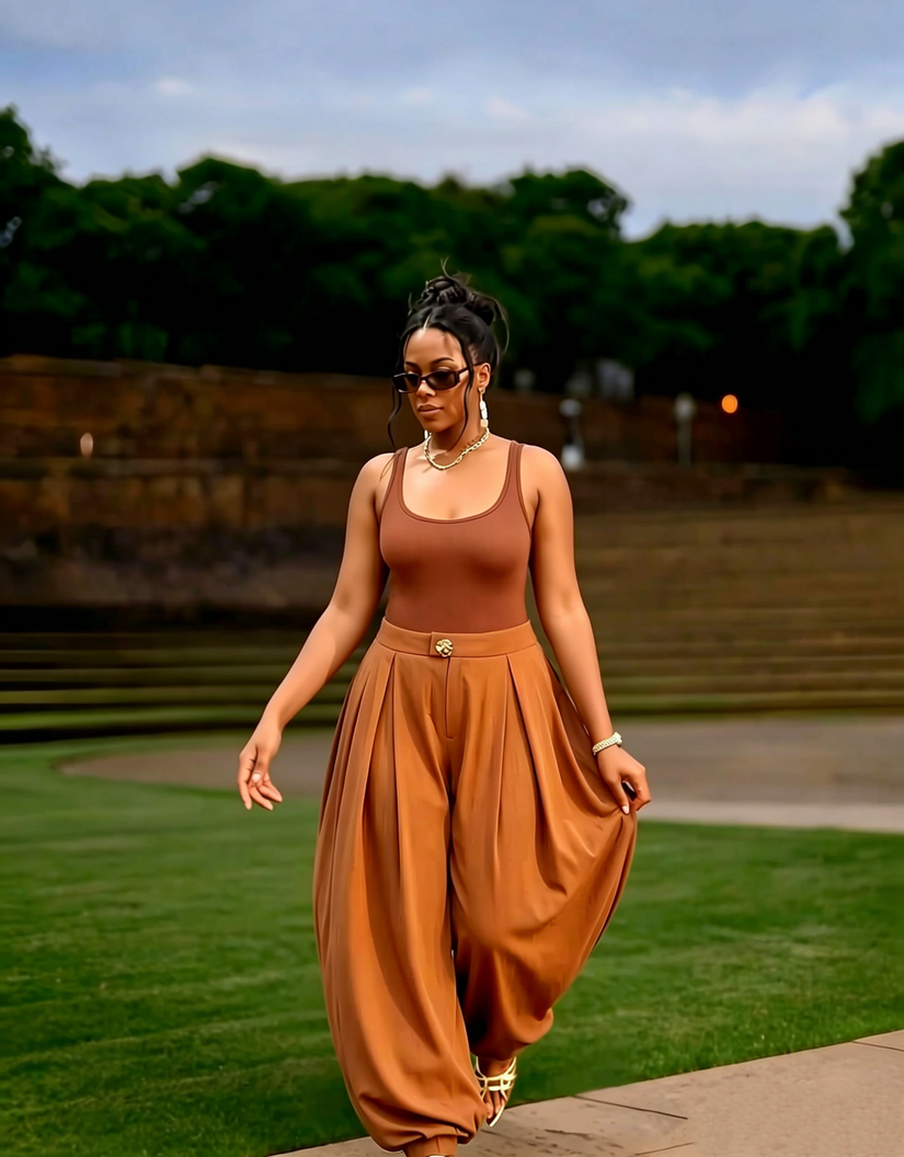 Coffee-colored pleated harem trousers with a metal waist button and tapered cuffs