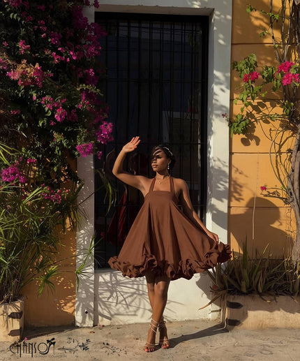 Coffee brown halter dress with open back and ruffled flowy hem