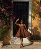 Coffee brown halter dress with open back and ruffled flowy hem