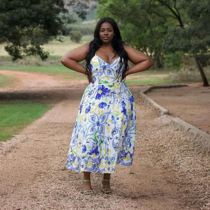 Floral maxi dress with spaghetti straps and A-line skirt
