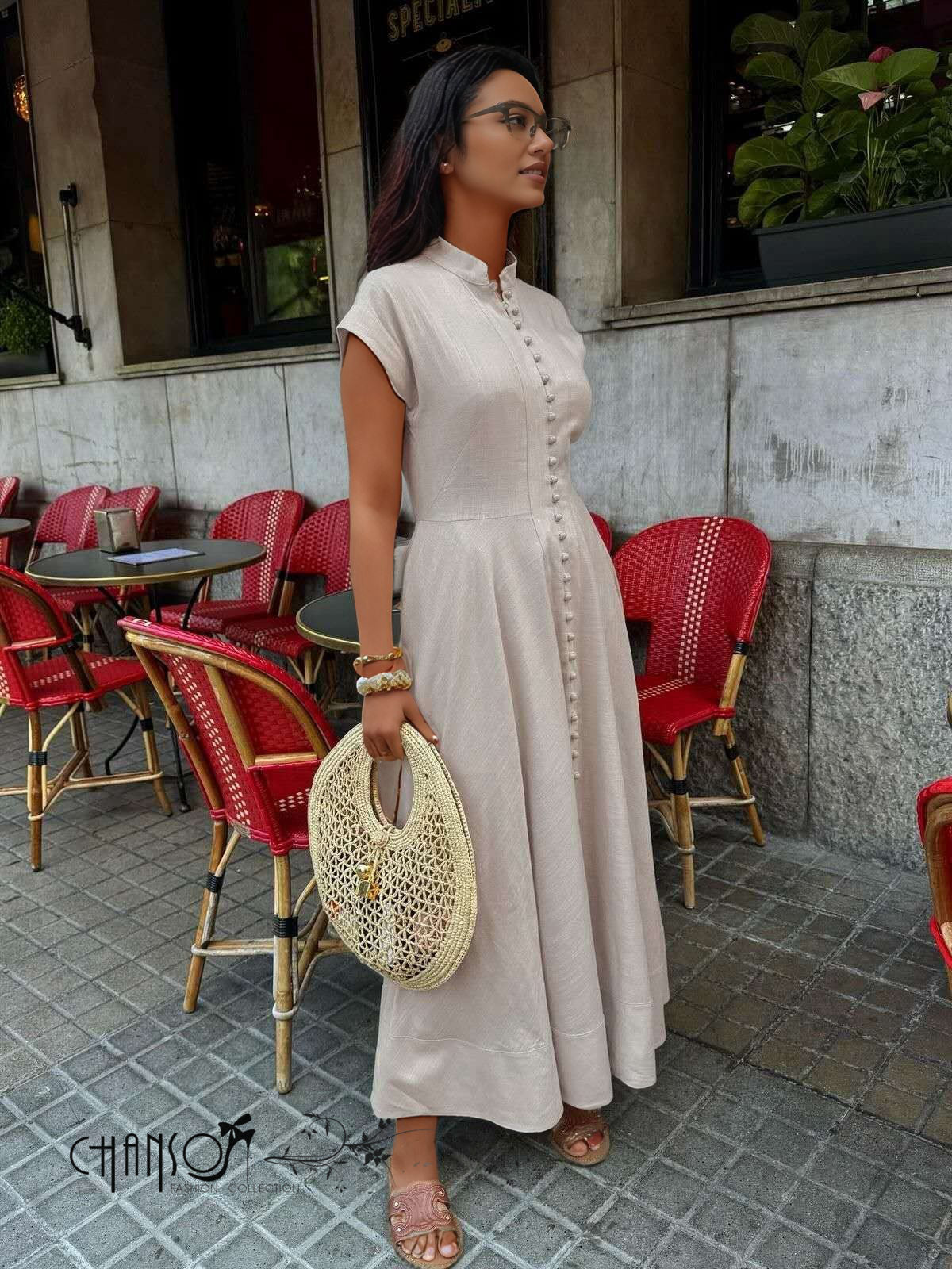 Light mandarin-collar maxi dress with short sleeves and button-front detail