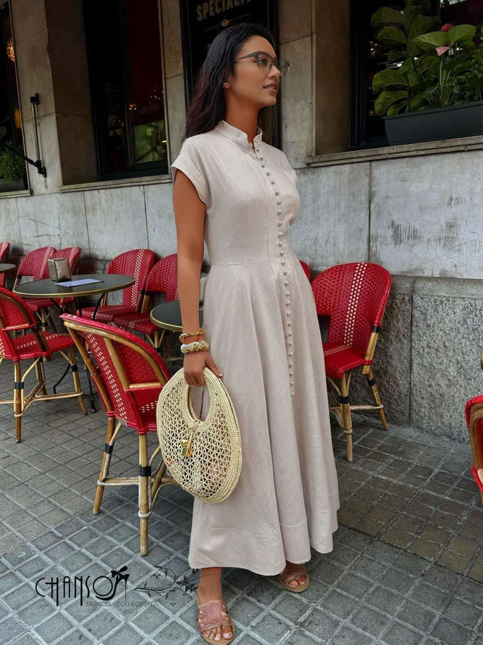 Light mandarin-collar maxi dress with short sleeves and button-front detail