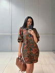 Floral mini dress with puff sleeves, button-front and collared neckline