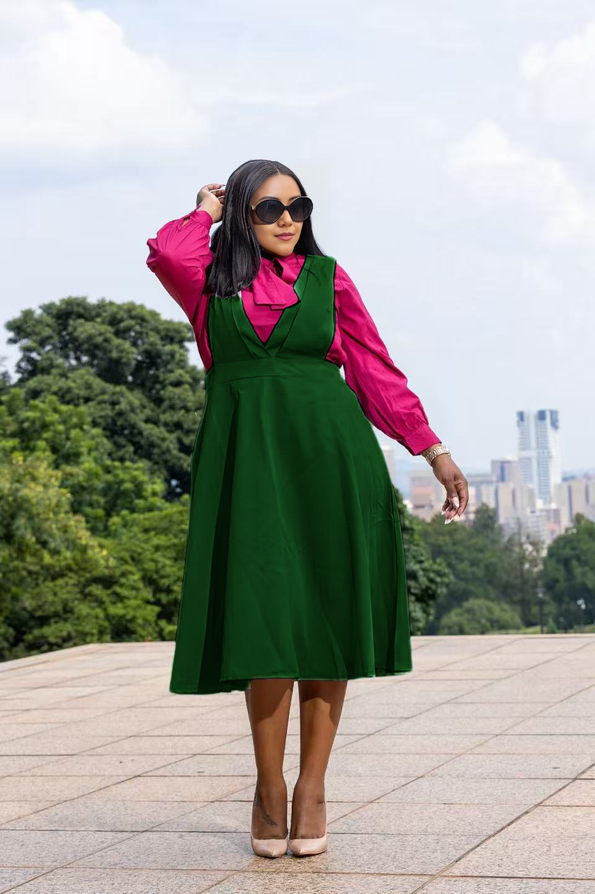 Dark green suspender midi dress with V-neck bodice and flared skirt