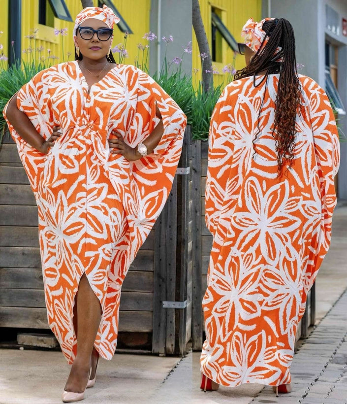Orange and White Floral Pattern Dress, Loose Batwing Sleeve Design, Front Slit Long Dress