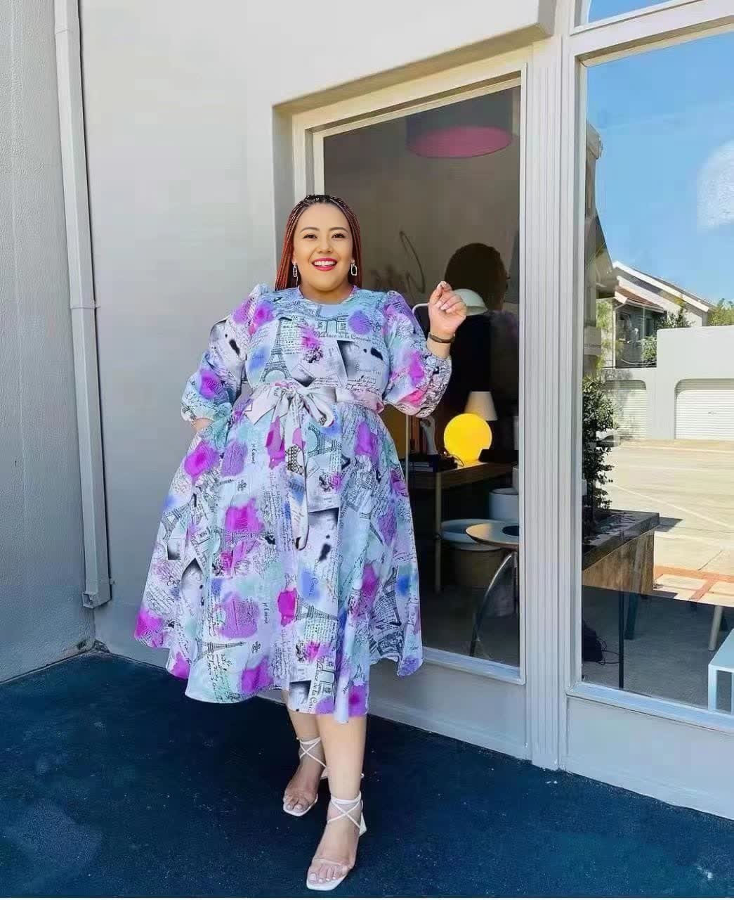 Plus size printed midi dress, belted A-line, light purple with floral pattern