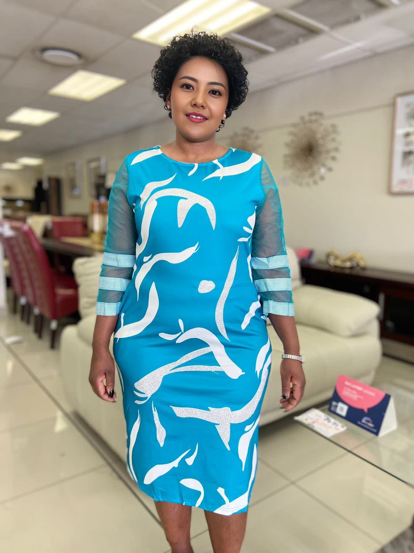 Plus size midi dress with sheer sleeves, abstract print on turquoise blue