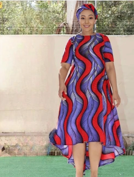 Geometric Wave Pattern Flared Mid-Length Traditional Dress with Short Sleeves