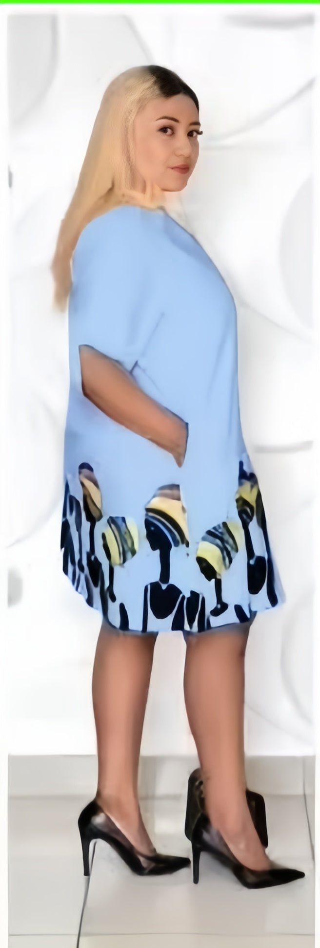 Pale turquoise abstract shirt dress with short sleeves and graphic hem print