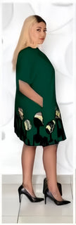 Dark green abstract shirt dress with short sleeves and graphic hem print