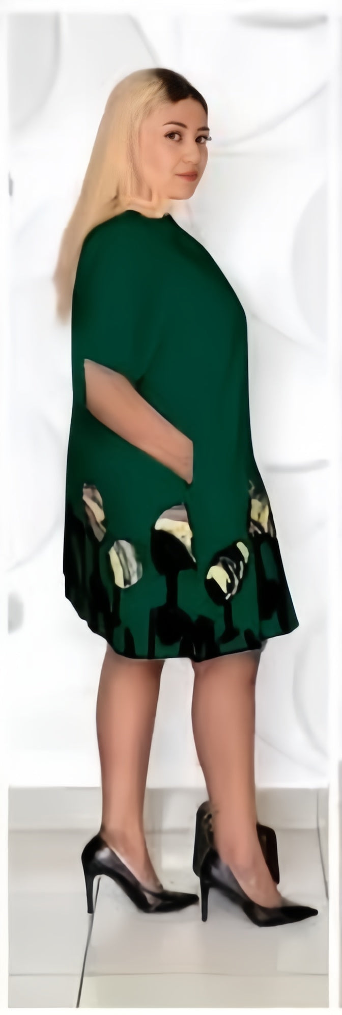 Dark green abstract shirt dress with short sleeves and graphic hem print