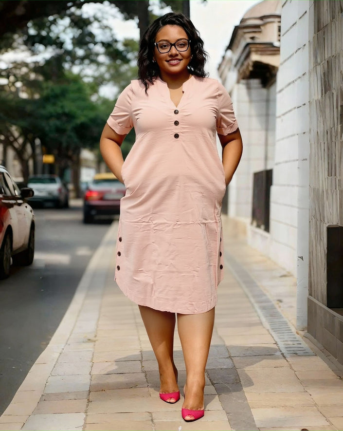 Plus size midi dress, pink V-neck button placket, short sleeves