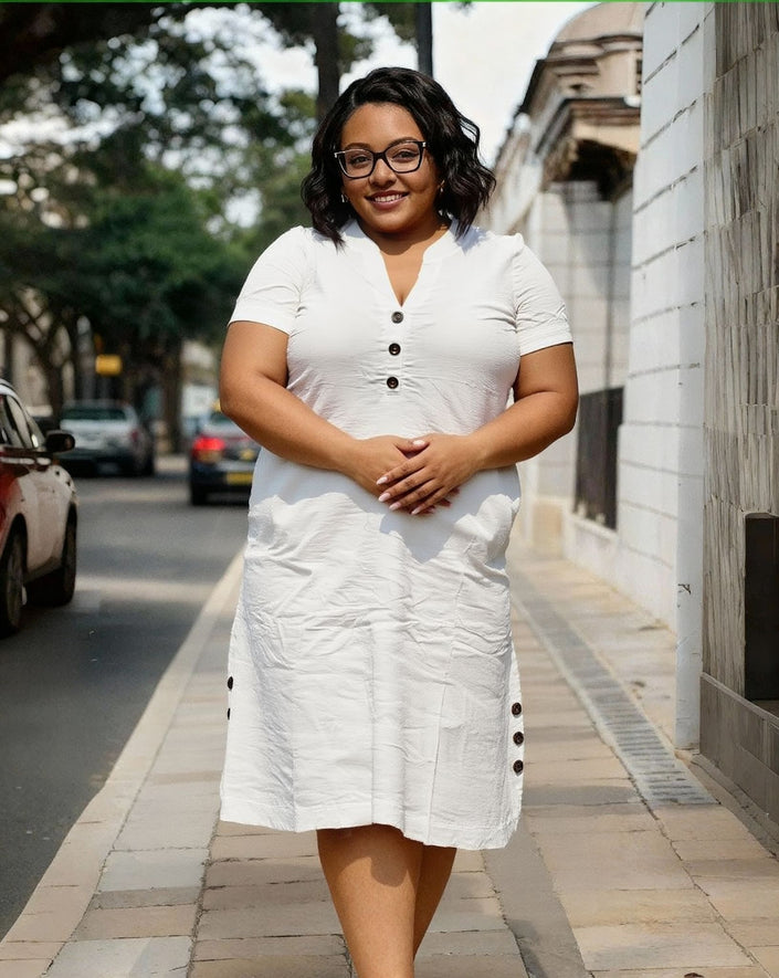 Plus size midi dress, white V-neck button front, short sleeves