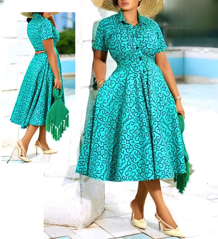 Elegant Mid-Length Flared Dress with Short Sleeves and Fitted Waist - Ideal for Social Gatherings