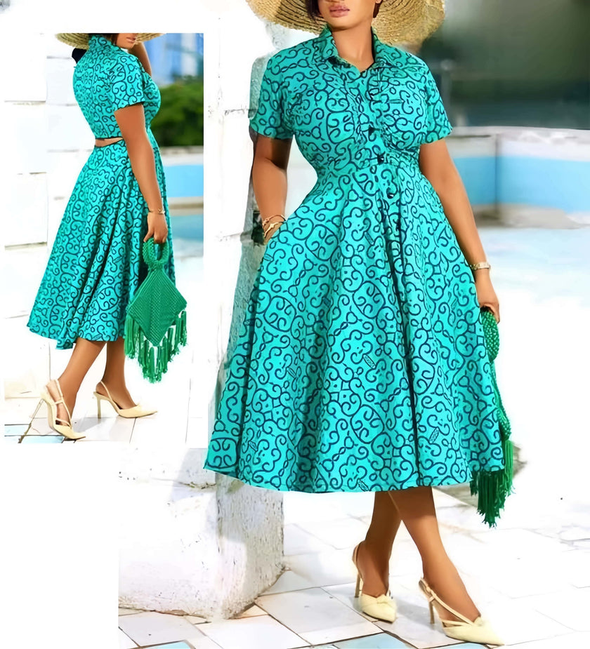 Turquoise printed A-line midi dress with puff sleeves, button front, fringe cuffs