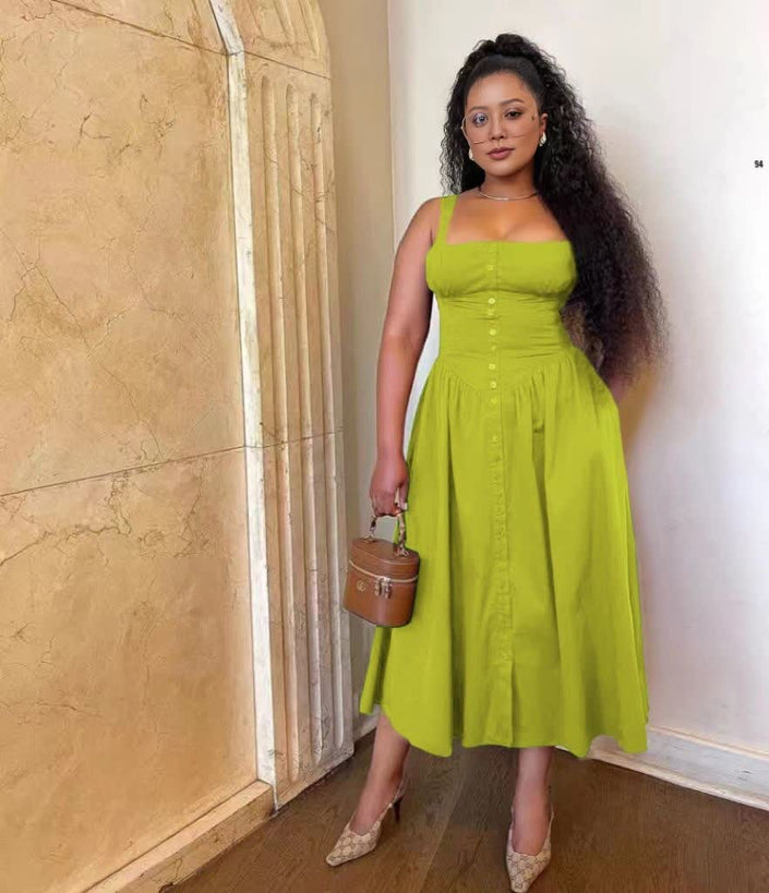 Lime green midi dress with button bodice and gathered, flowing skirt