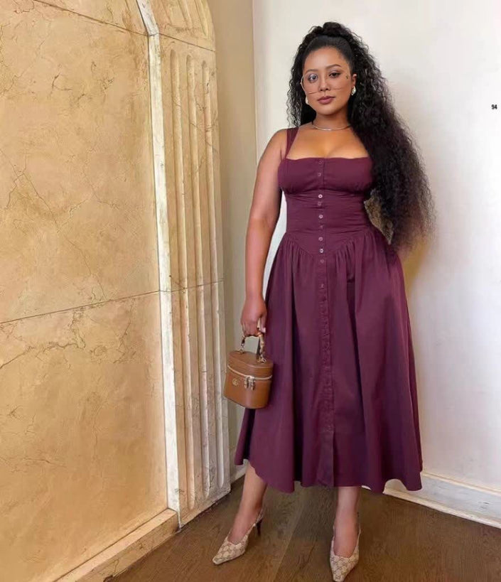 Maroon midi dress with button bodice and gathered, flowing skirt