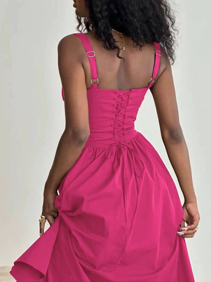 Deep pink midi dress with button bodice and gathered, flowing skirt