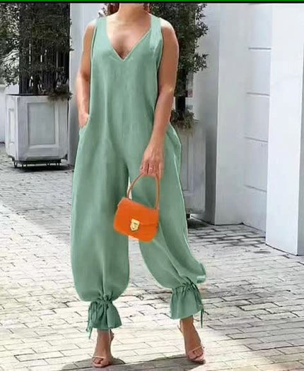 Casual Deep V-Neck Jumpsuit Gathered Ankle Chic