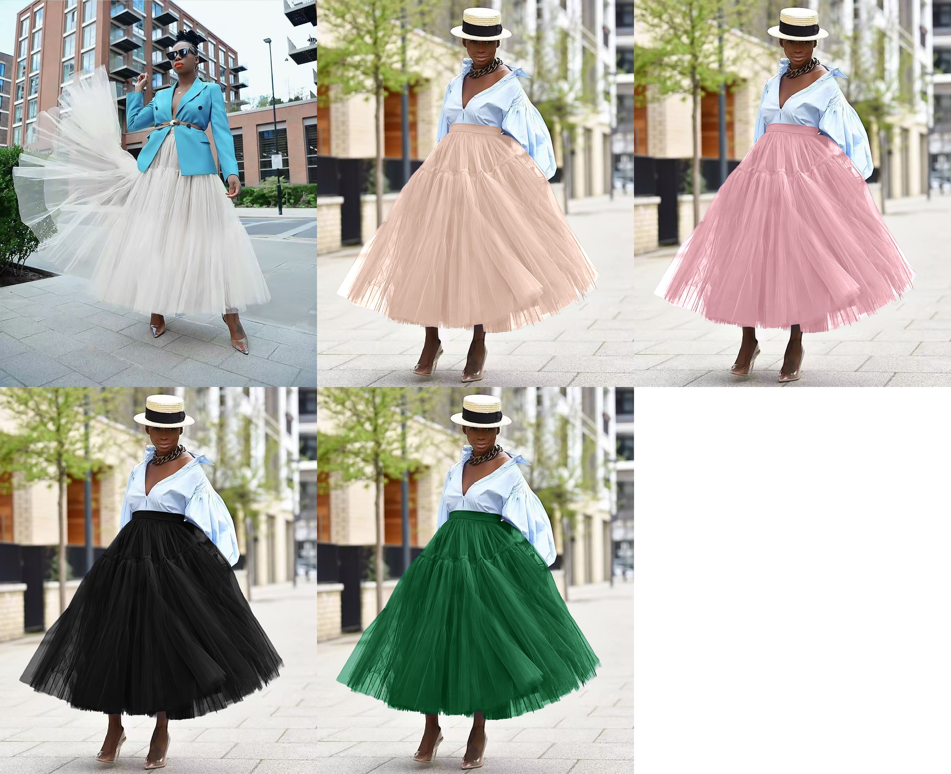 Layered tulle skirt, voluminous multi-layer look in white, pink, black, and green