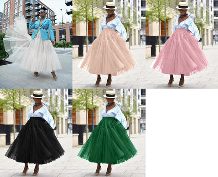 Layered tulle skirt, voluminous multi-layer look in white, pink, black, and green