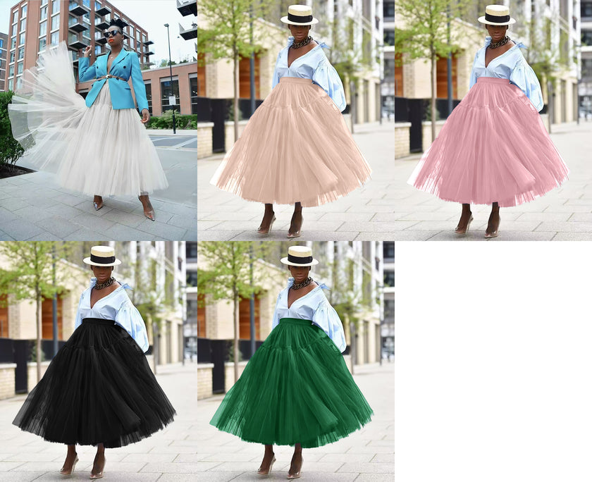 Layered tulle skirt, voluminous multi-layer look in white, pink, black, and green