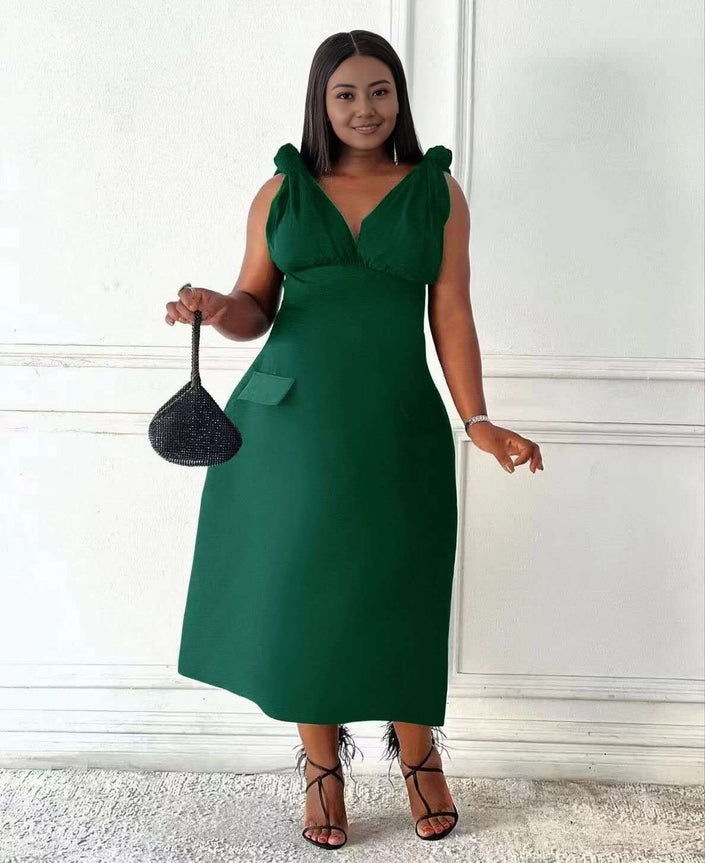 Green V-neck sleeveless midi dress with pockets and shoulder ruffles