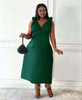 Green V-neck sleeveless midi dress with pockets and shoulder ruffles