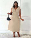 Beige V-neck sleeveless midi dress with pockets and shoulder ruffles